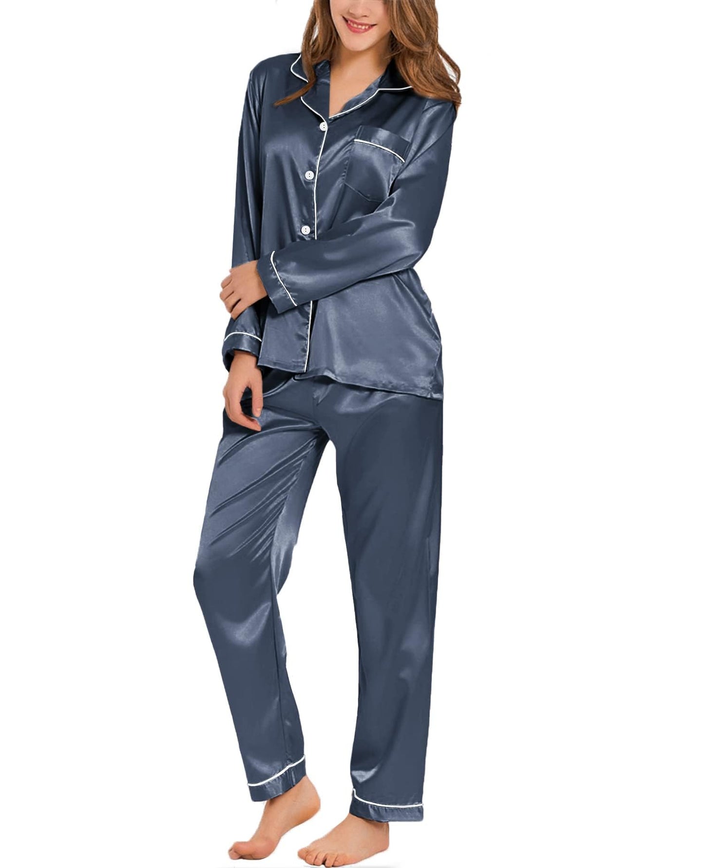 SWOMOG Women's Pyjama Set Silk Satin Long Sleeve Button Down Pyjamas Two Piece Comfy Sleepwear and Loungewear Set