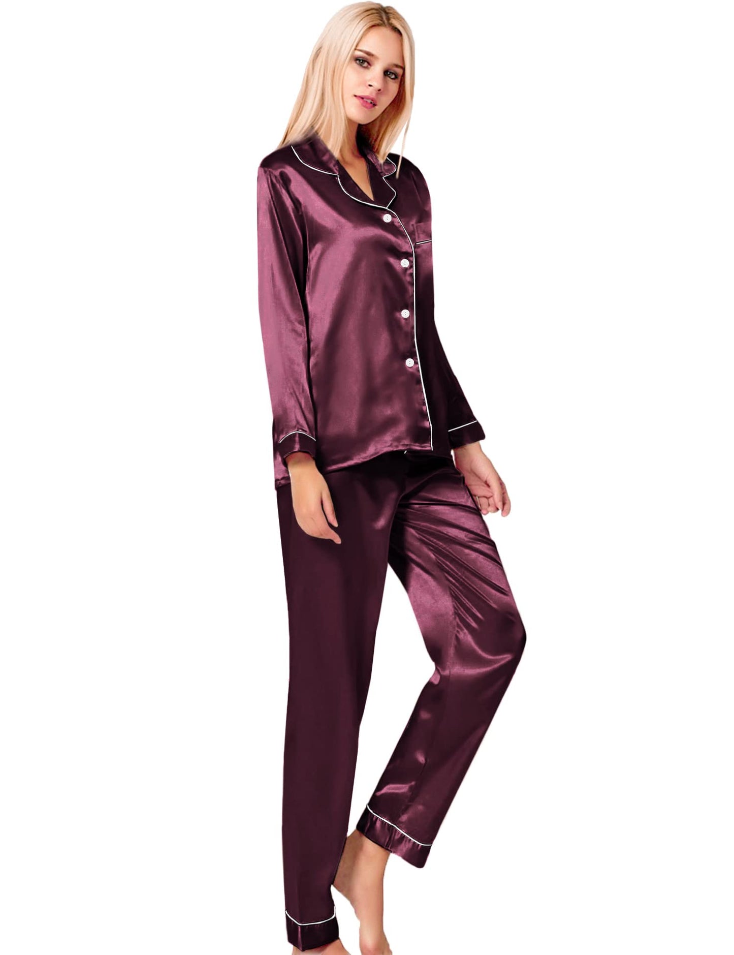 SWOMOG Women's Pyjama Set Silk Satin Long Sleeve Button Down Pyjamas Two Piece Comfy Sleepwear and Loungewear Set