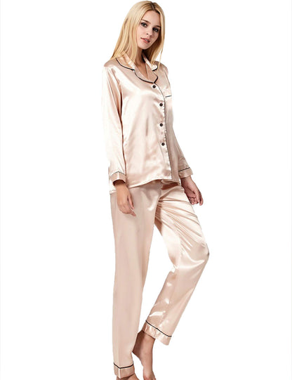 SWOMOG Women's Pyjama Set Silk Satin Long Sleeve Button Down Pyjamas Two Piece Comfy Sleepwear and Loungewear Set