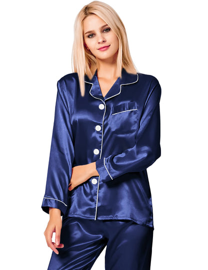 SWOMOG Women's Pyjama Set Silk Satin Long Sleeve Button Down Pyjamas Two Piece Comfy Sleepwear and Loungewear Set