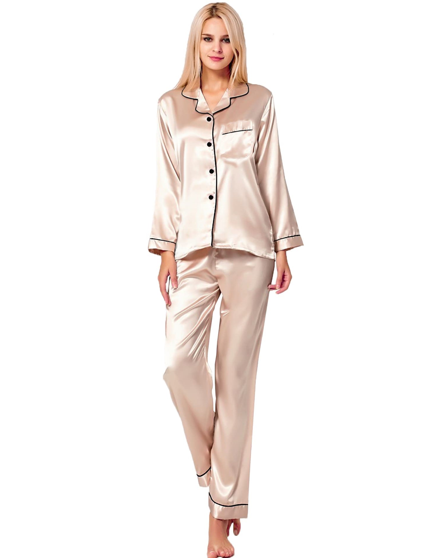 SWOMOG Women's Pyjama Set Silk Satin Long Sleeve Button Down Pyjamas Two Piece Comfy Sleepwear and Loungewear Set