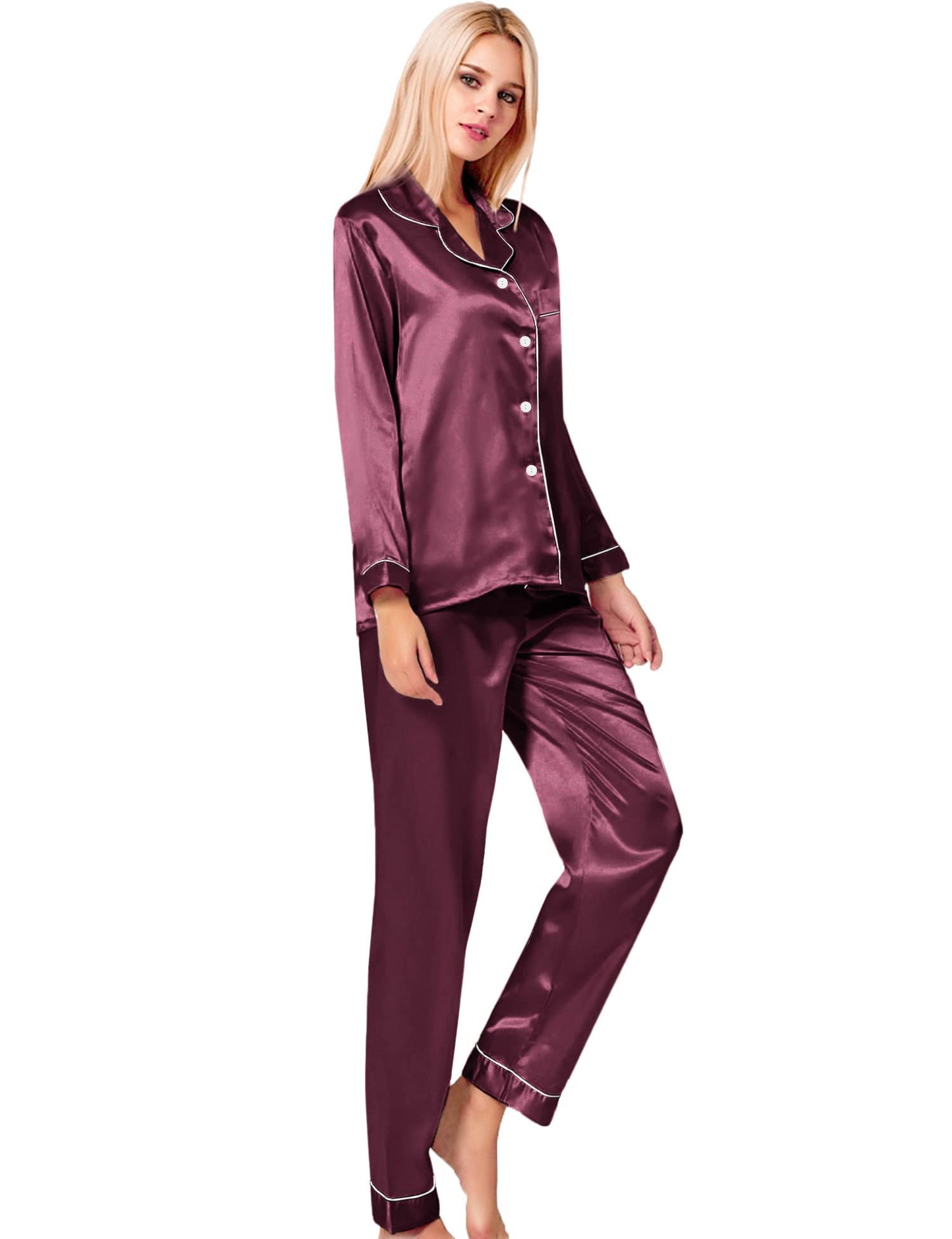 SWOMOG Women's Pyjama Set Silk Satin Long Sleeve Button Down Pyjamas Two Piece Comfy Sleepwear and Loungewear Set