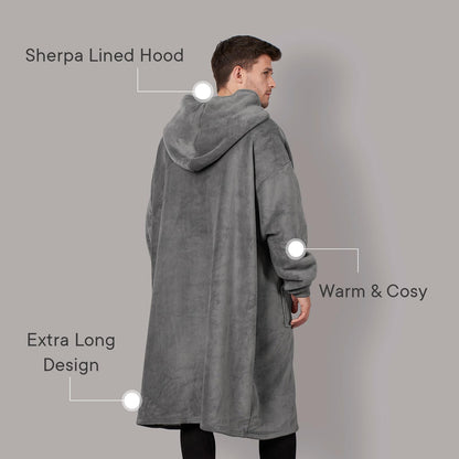 Sienna Extra Long Oversized Blanket Hoodie Wearable Throw with Pockets Sleeves Soft Sherpa Fleece Wearable Throw Giant Sweatshirt, Charcoal Grey