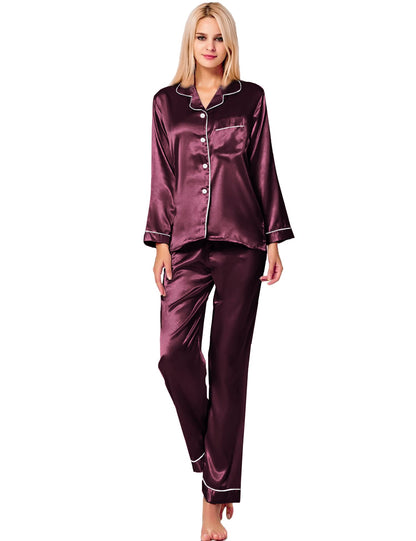 SWOMOG Women's Pyjama Set Silk Satin Long Sleeve Button Down Pyjamas Two Piece Comfy Sleepwear and Loungewear Set