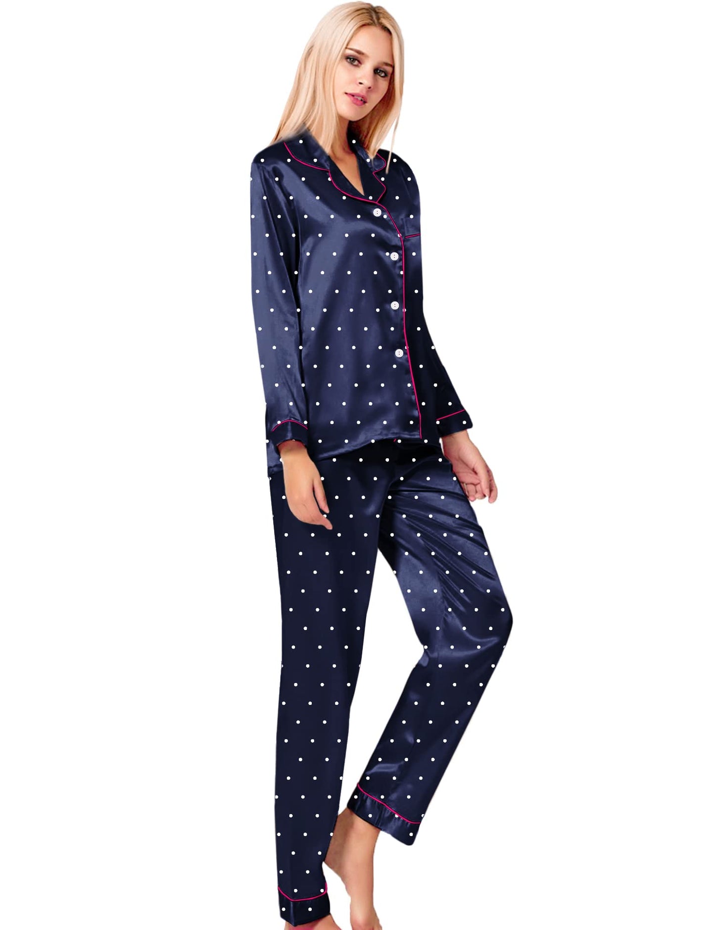 SWOMOG Women's Pyjama Set Silk Satin Long Sleeve Button Down Pyjamas Two Piece Comfy Sleepwear and Loungewear Set