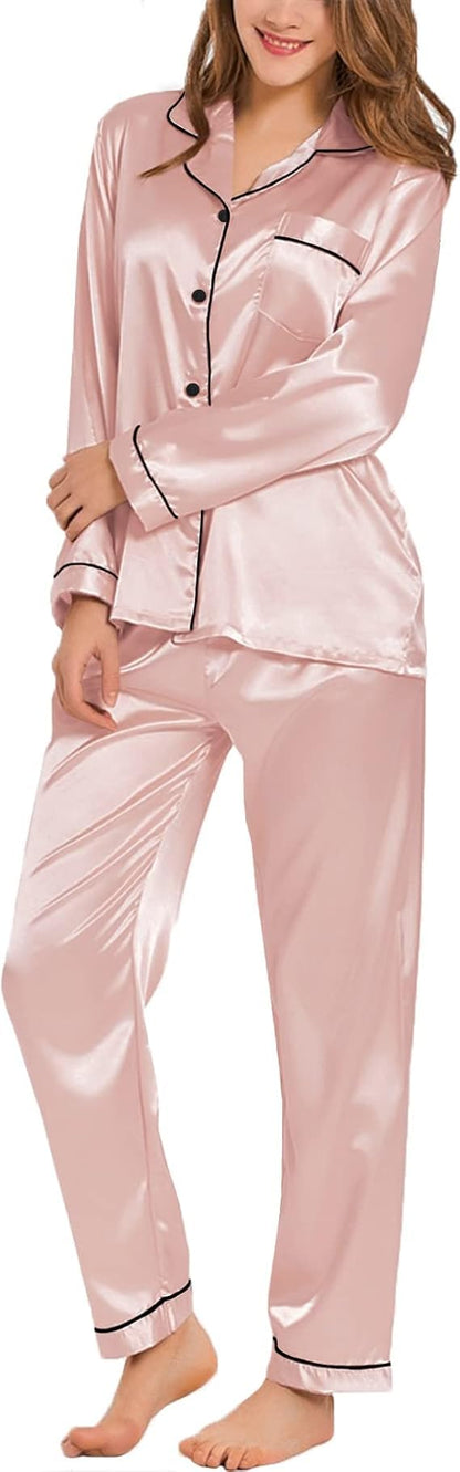 SWOMOG Women's Pyjama Set Silk Satin Long Sleeve Button Down Pyjamas Two Piece Comfy Sleepwear and Loungewear Set