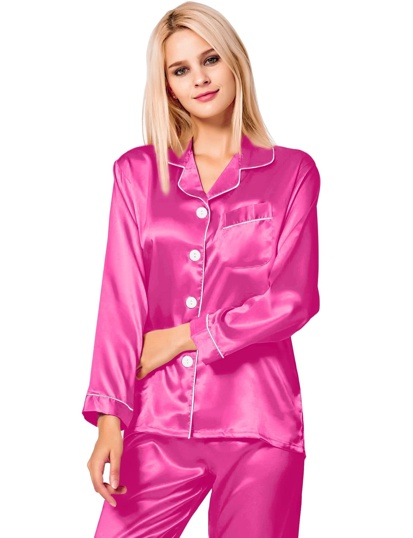 SWOMOG Women's Pyjama Set Silk Satin Long Sleeve Button Down Pyjamas Two Piece Comfy Sleepwear and Loungewear Set