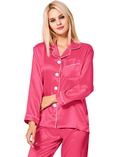 SWOMOG Women's Pyjama Set Silk Satin Long Sleeve Button Down Pyjamas Two Piece Comfy Sleepwear and Loungewear Set