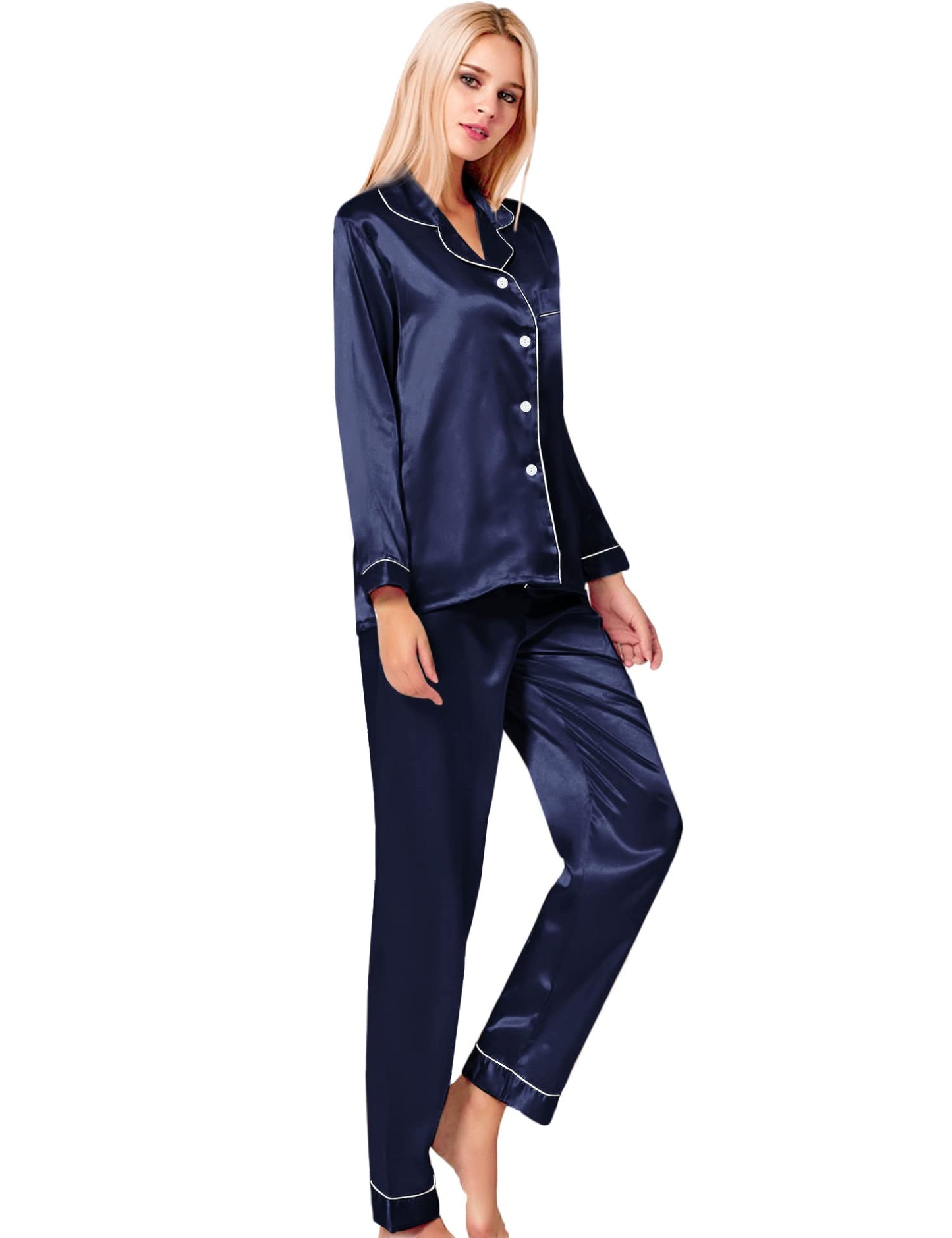 SWOMOG Women's Pyjama Set Silk Satin Long Sleeve Button Down Pyjamas Two Piece Comfy Sleepwear and Loungewear Set