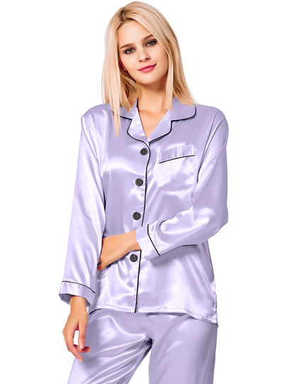 SWOMOG Women's Pyjama Set Silk Satin Long Sleeve Button Down Pyjamas Two Piece Comfy Sleepwear and Loungewear Set