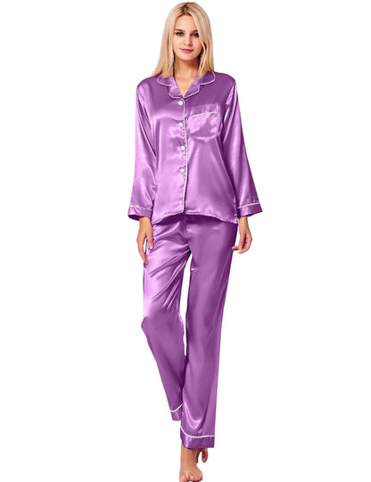 SWOMOG Women's Pyjama Set Silk Satin Long Sleeve Button Down Pyjamas Two Piece Comfy Sleepwear and Loungewear Set