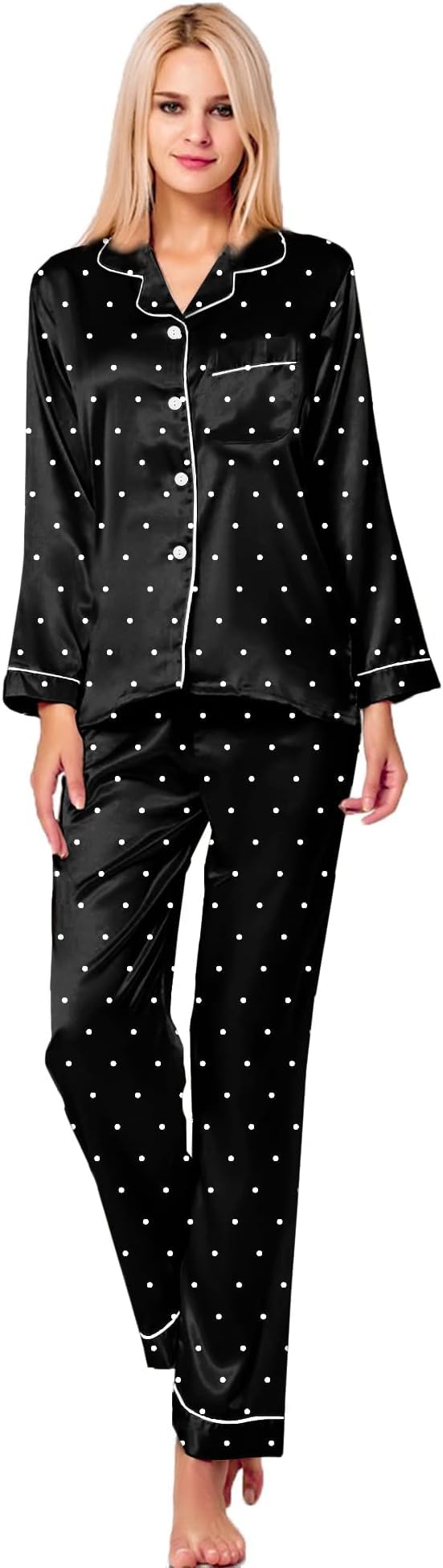 SWOMOG Women's Pyjama Set Silk Satin Long Sleeve Button Down Pyjamas Two Piece Comfy Sleepwear and Loungewear Set