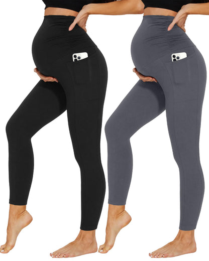 2 Pack Maternity Leggings Over Bump with Pockets High Waist