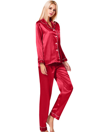 SWOMOG Women's Pyjama Set Silk Satin Long Sleeve Button Down Pyjamas Two Piece Comfy Sleepwear and Loungewear Set