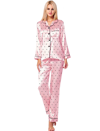 SWOMOG Women's Pyjama Set Silk Satin Long Sleeve Button Down Pyjamas Two Piece Comfy Sleepwear and Loungewear Set