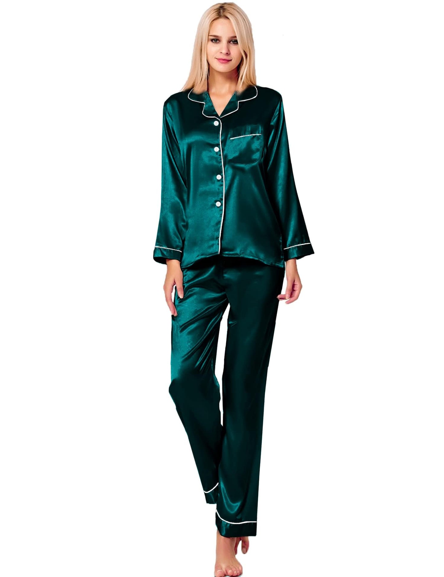 SWOMOG Women's Pyjama Set Silk Satin Long Sleeve Button Down Pyjamas Two Piece Comfy Sleepwear and Loungewear Set