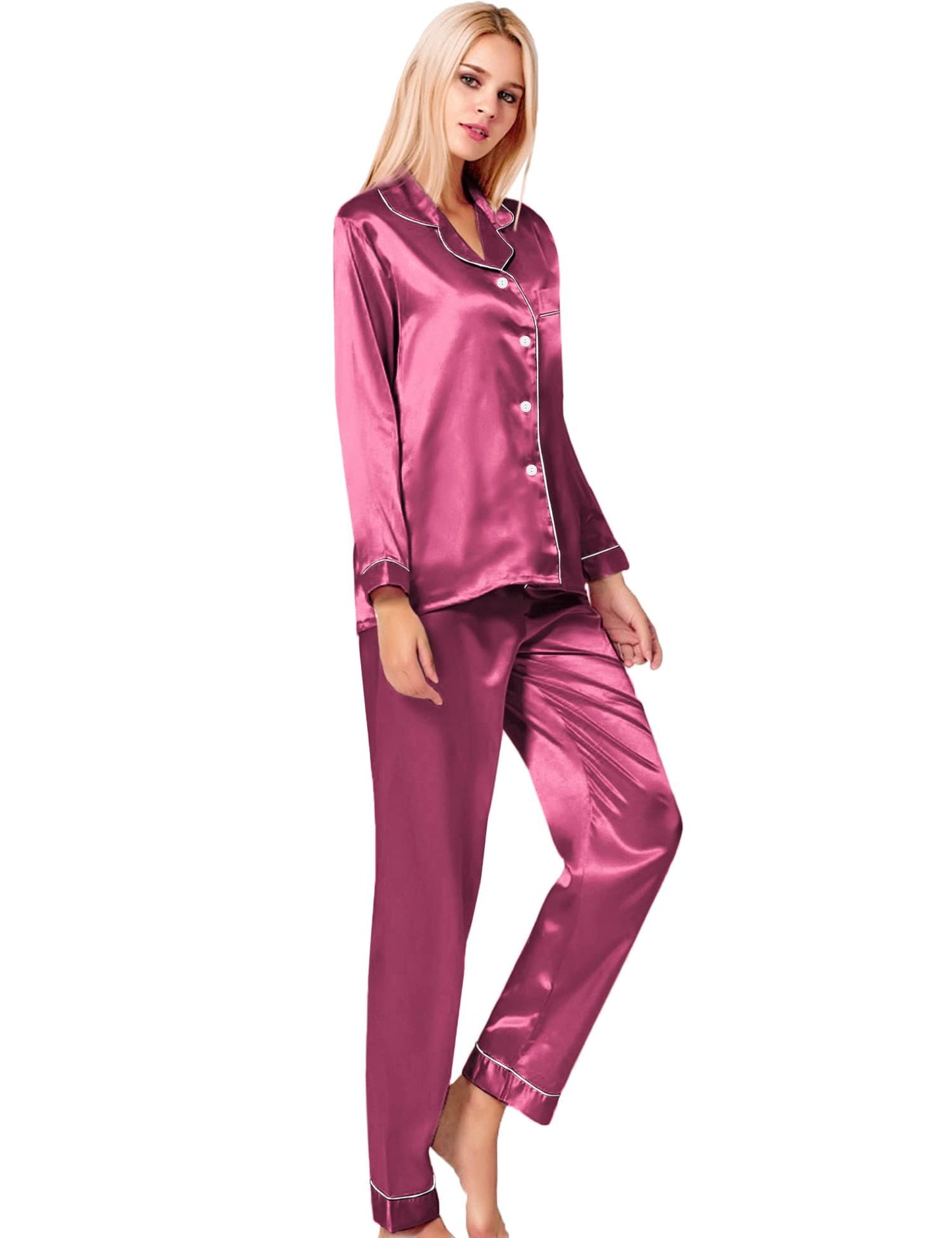 SWOMOG Women's Pyjama Set Silk Satin Long Sleeve Button Down Pyjamas Two Piece Comfy Sleepwear and Loungewear Set