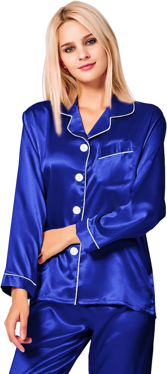 SWOMOG Women's Pyjama Set Silk Satin Long Sleeve Button Down Pyjamas Two Piece Comfy Sleepwear and Loungewear Set