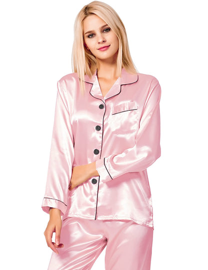 SWOMOG Women's Pyjama Set Silk Satin Long Sleeve Button Down Pyjamas Two Piece Comfy Sleepwear and Loungewear Set