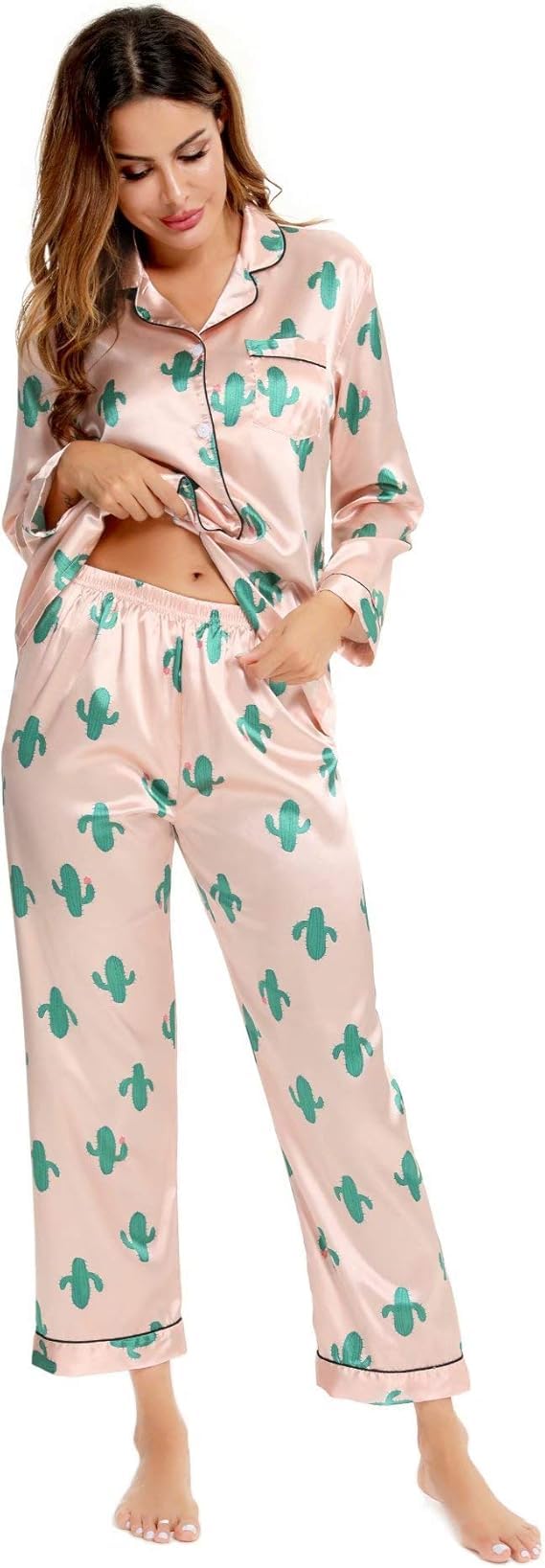 SWOMOG Women's Pyjama Set Silk Satin Long Sleeve Button Down Pyjamas Two Piece Comfy Sleepwear and Loungewear Set