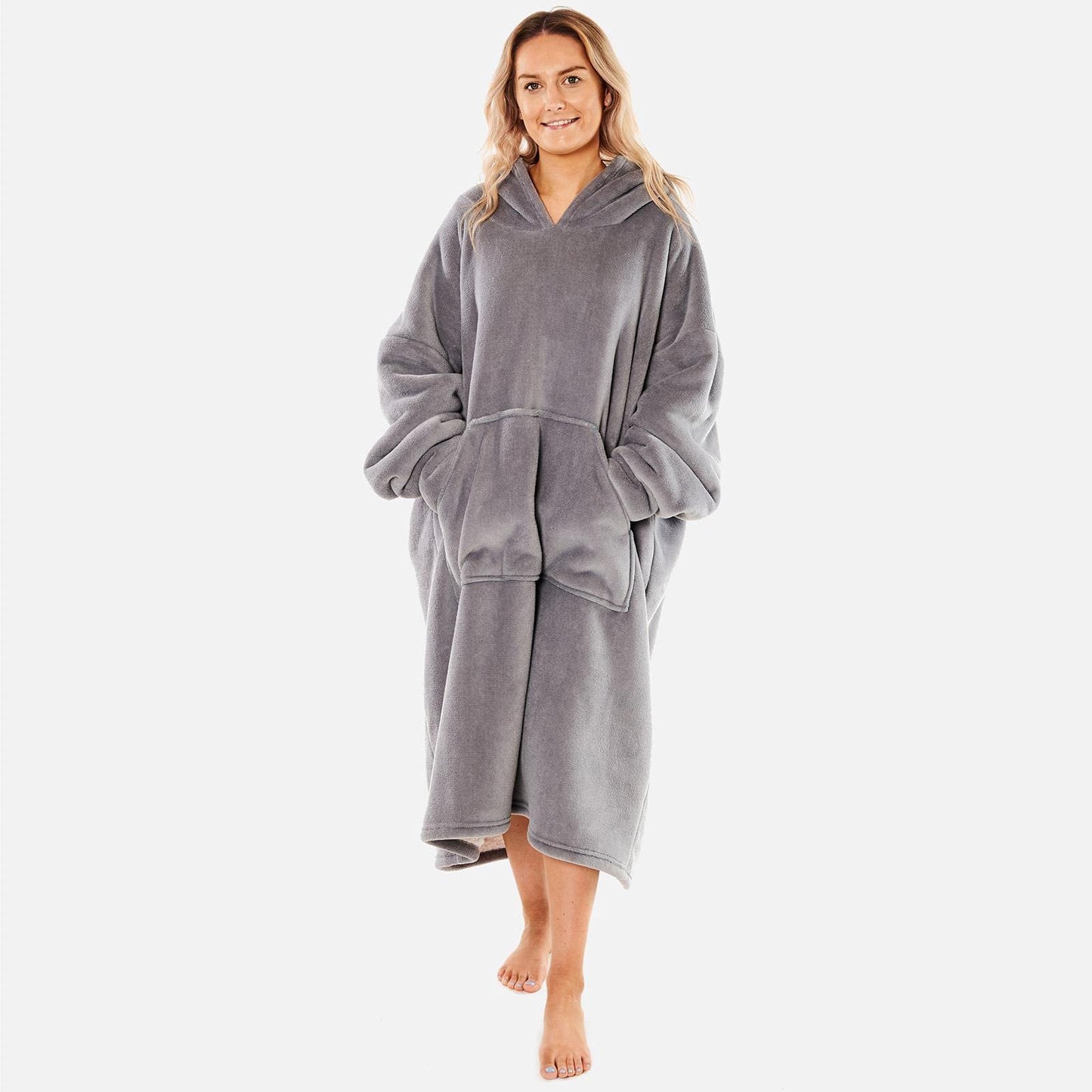 Sienna Extra Long Oversized Blanket Hoodie Wearable Throw with Pockets Sleeves Soft Sherpa Fleece Wearable Throw Giant Sweatshirt, Charcoal Grey