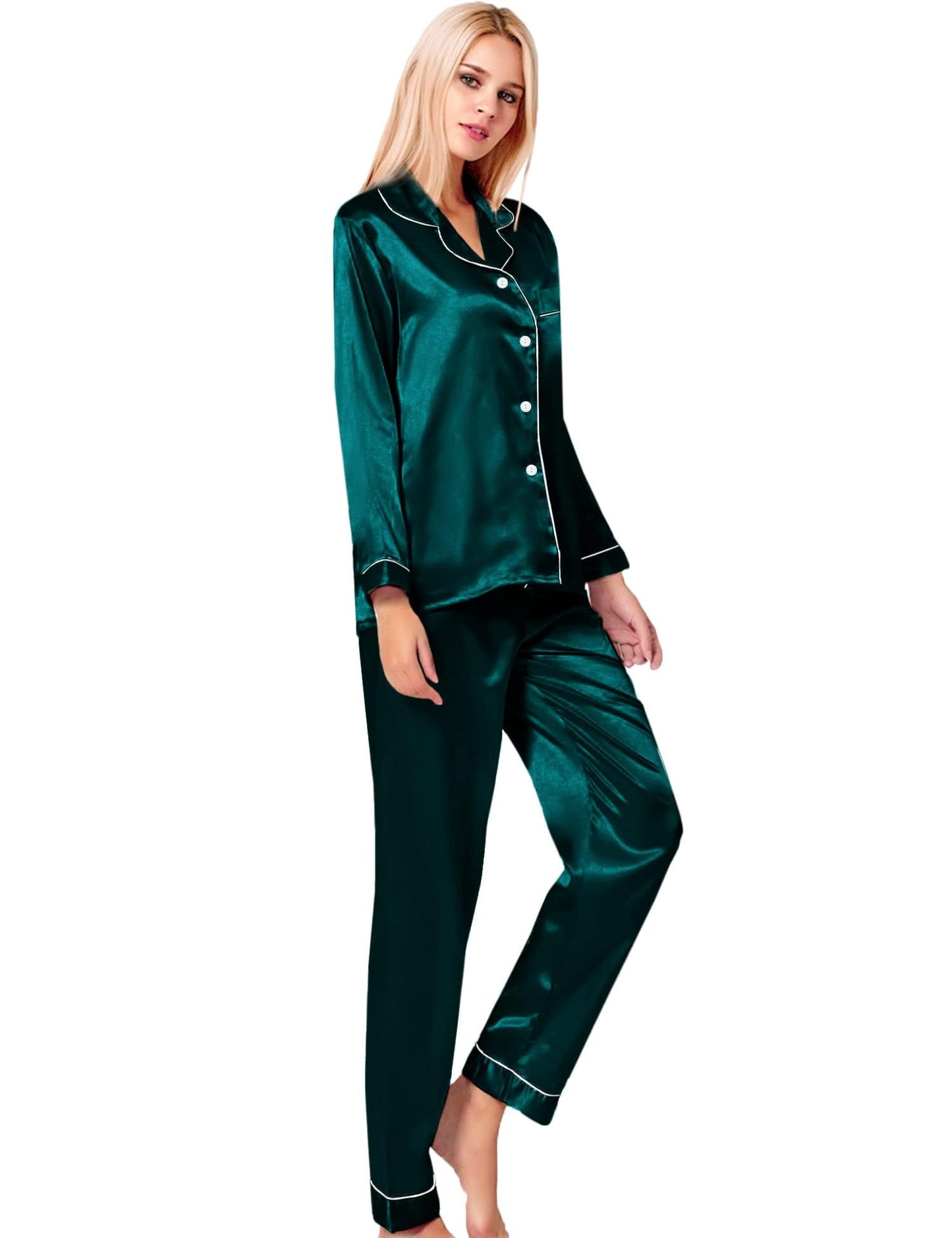 SWOMOG Women's Pyjama Set Silk Satin Long Sleeve Button Down Pyjamas Two Piece Comfy Sleepwear and Loungewear Set