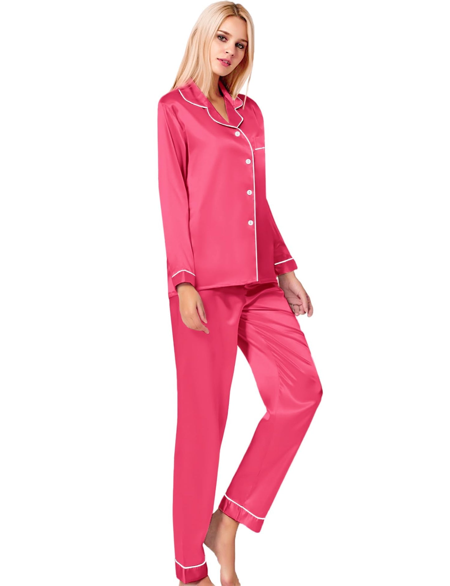 SWOMOG Women's Pyjama Set Silk Satin Long Sleeve Button Down Pyjamas Two Piece Comfy Sleepwear and Loungewear Set