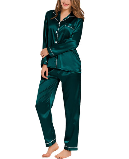 SWOMOG Women's Pyjama Set Silk Satin Long Sleeve Button Down Pyjamas Two Piece Comfy Sleepwear and Loungewear Set