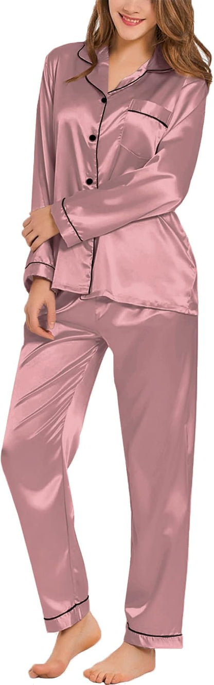 SWOMOG Women's Pyjama Set Silk Satin Long Sleeve Button Down Pyjamas Two Piece Comfy Sleepwear and Loungewear Set