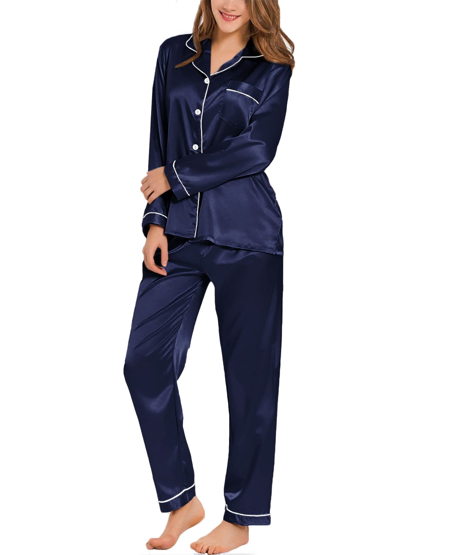 SWOMOG Women's Pyjama Set Silk Satin Long Sleeve Button Down Pyjamas Two Piece Comfy Sleepwear and Loungewear Set