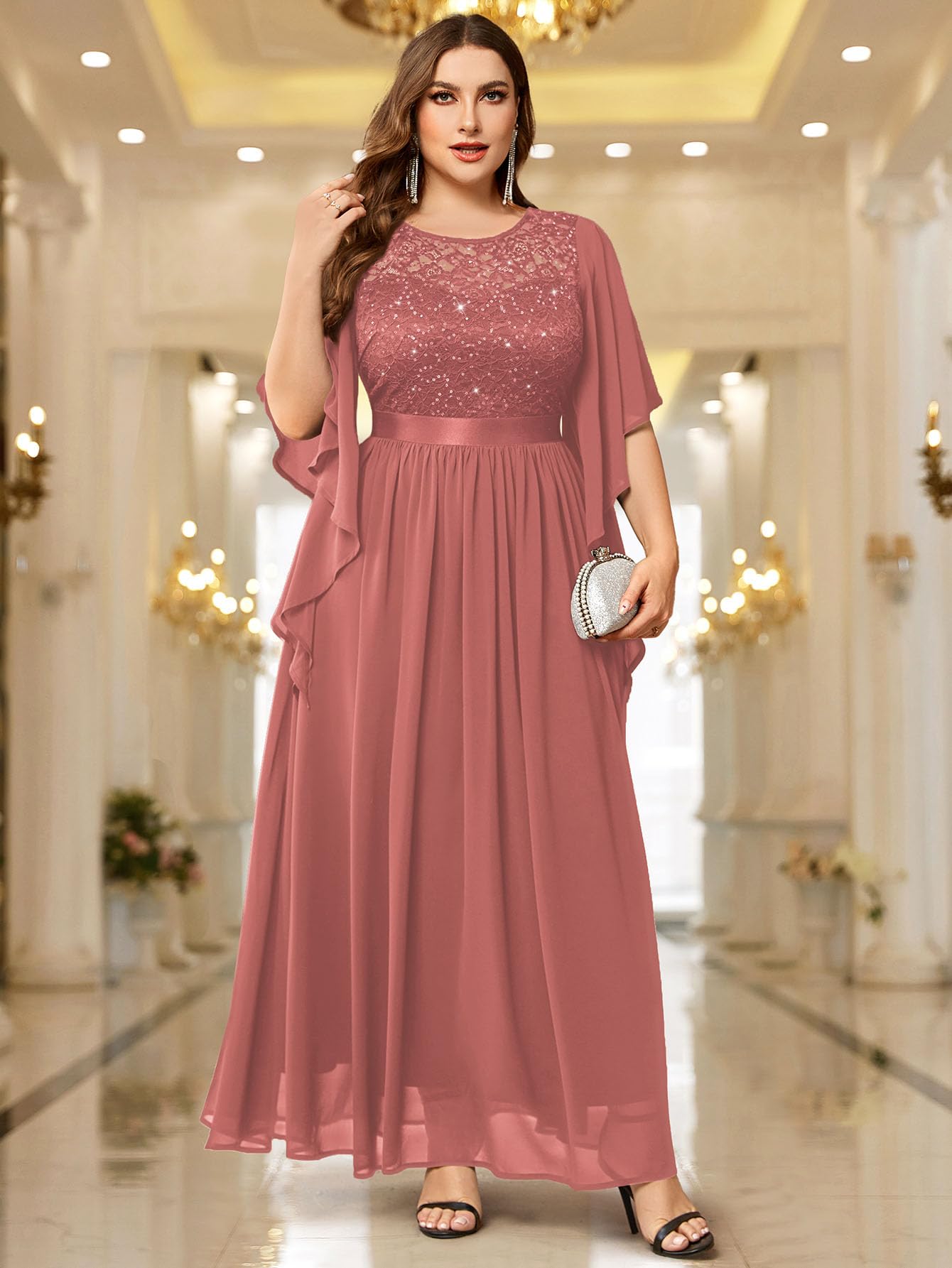 MISSMAY Women's Plus Size Elegant Butterfly Sleeve Chiffon Sequin Lace Bodice Evening Party Long Dress