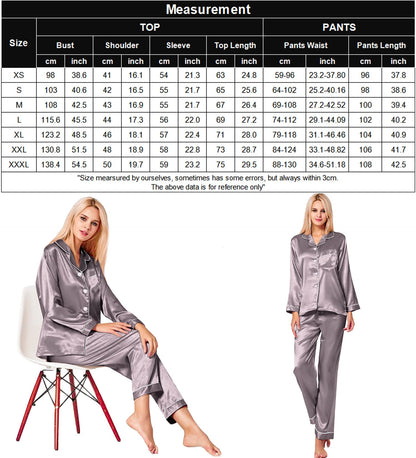 SWOMOG Women's Pyjama Set Silk Satin Long Sleeve Button Down Pyjamas Two Piece Comfy Sleepwear and Loungewear Set