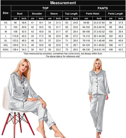 SWOMOG Women's Pyjama Set Silk Satin Long Sleeve Button Down Pyjamas Two Piece Comfy Sleepwear and Loungewear Set