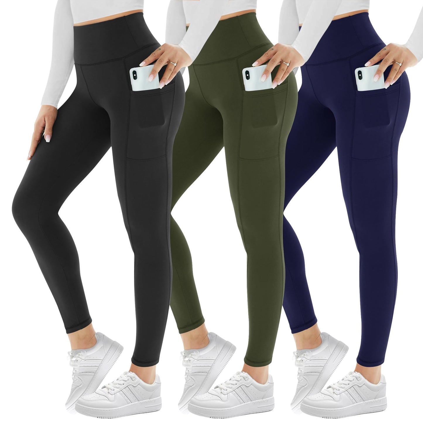 3 Pack Leggings for Women with Pockets High Waist Gym Leggings