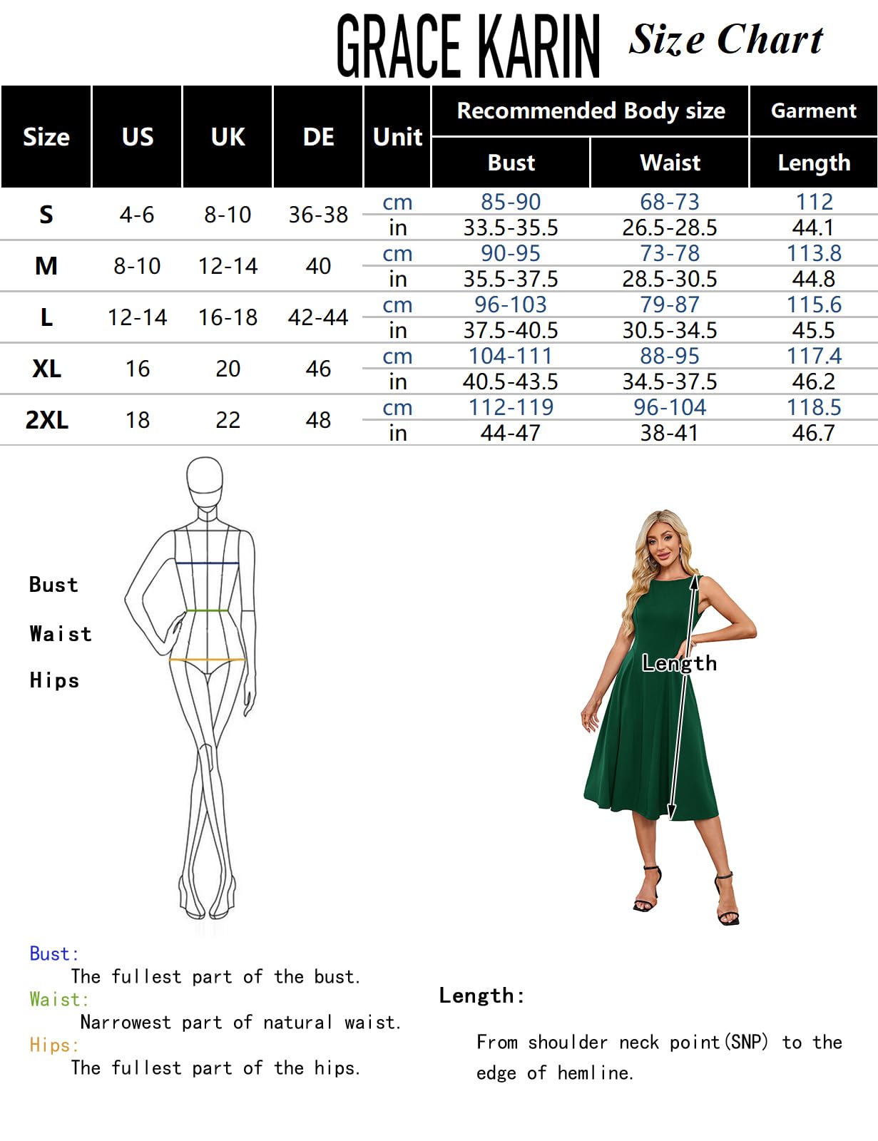 GRACE KARIN Women Vintage Cocktail Dress Swing A-Linie Solid Midi Waist Dress