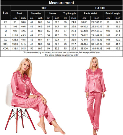 SWOMOG Women's Pyjama Set Silk Satin Long Sleeve Button Down Pyjamas Two Piece Comfy Sleepwear and Loungewear Set