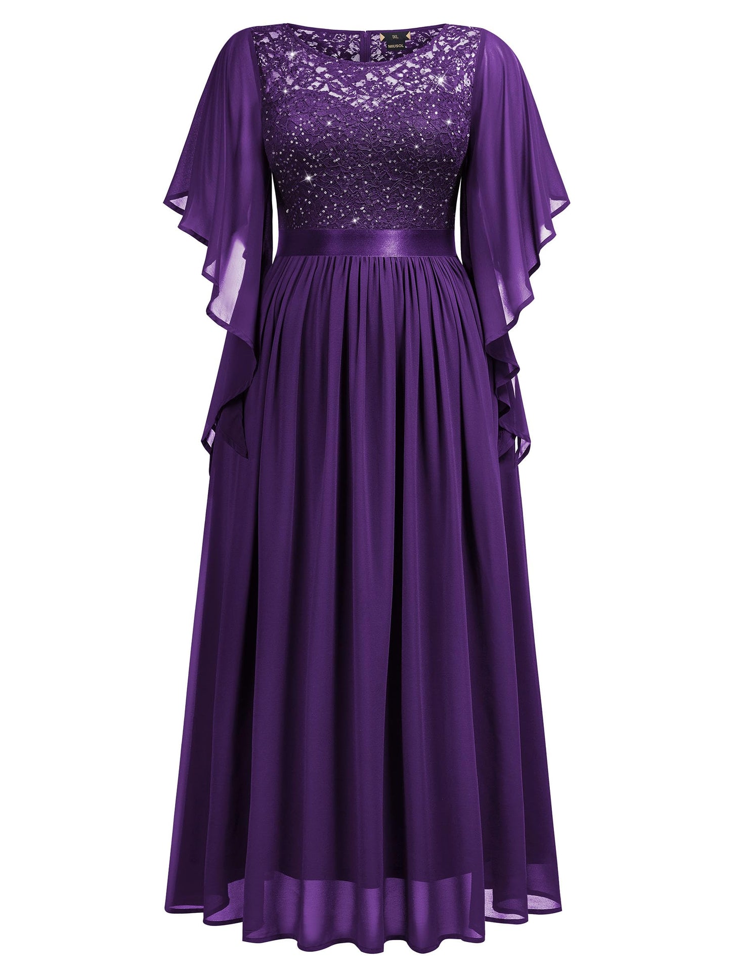 MISSMAY Women's Plus Size Elegant Butterfly Sleeve Chiffon Sequin Lace Bodice Evening Party Long Dress