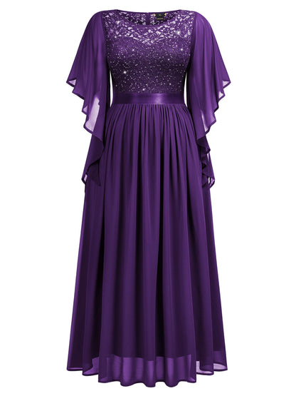 MISSMAY Women's Plus Size Elegant Butterfly Sleeve Chiffon Sequin Lace Bodice Evening Party Long Dress