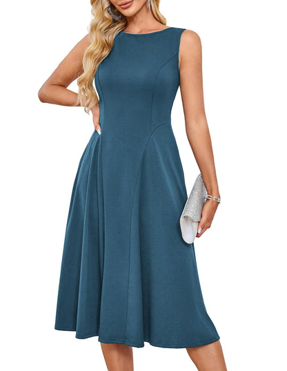 GRACE KARIN Women Vintage Cocktail Dress Swing A-Linie Solid Midi Waist Dress