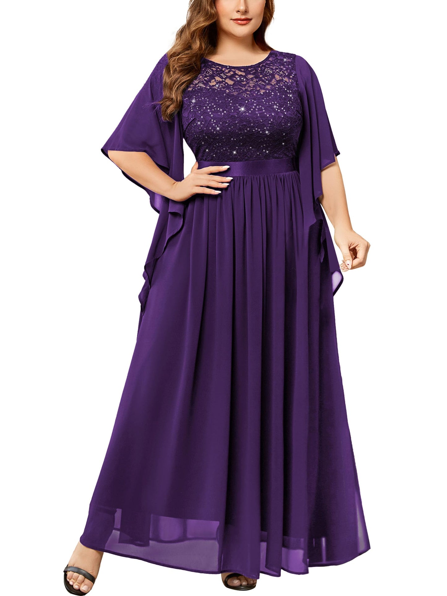 MISSMAY Women's Plus Size Elegant Butterfly Sleeve Chiffon Sequin Lace Bodice Evening Party Long Dress