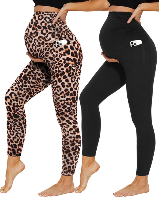2 Pack Maternity Leggings Over Bump with Pockets High Waist
