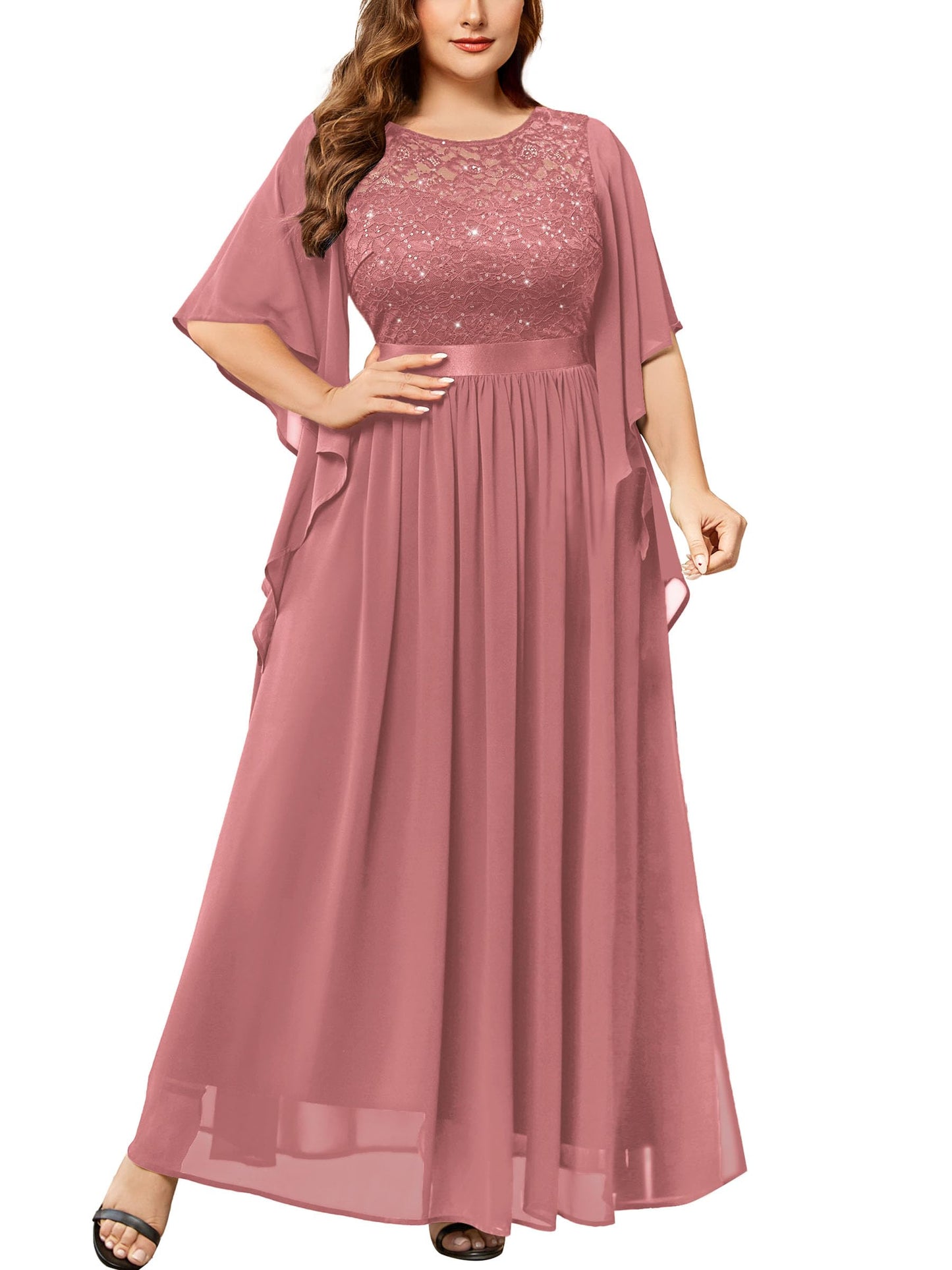 MISSMAY Women's Plus Size Elegant Butterfly Sleeve Chiffon Sequin Lace Bodice Evening Party Long Dress