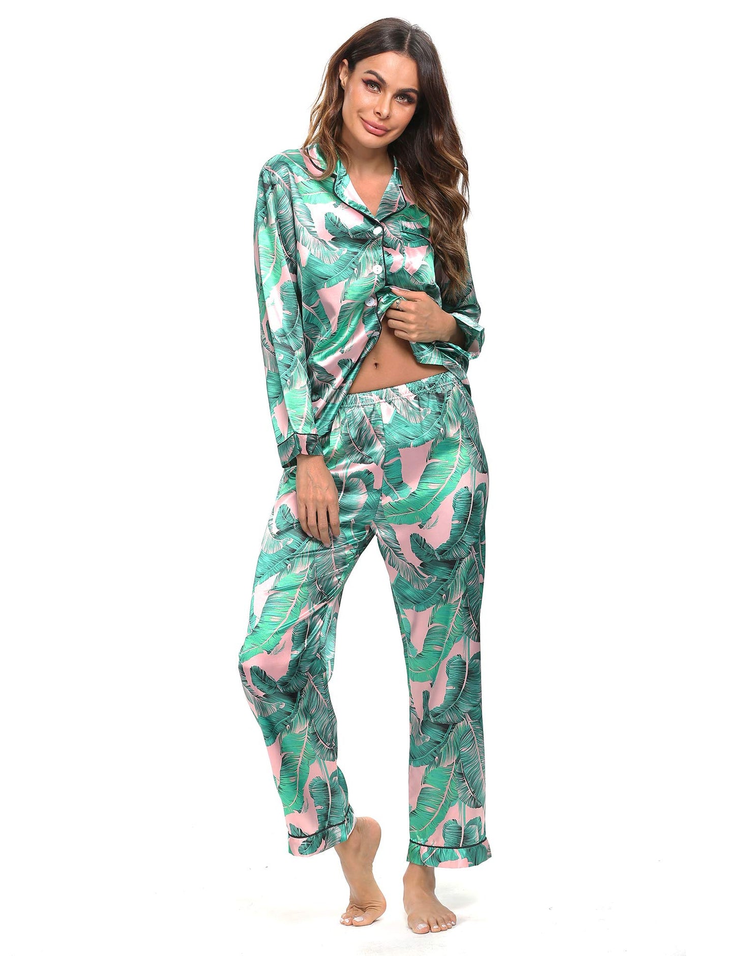 SWOMOG Women's Pyjama Set Silk Satin Long Sleeve Button Down Pyjamas Two Piece Comfy Sleepwear and Loungewear Set