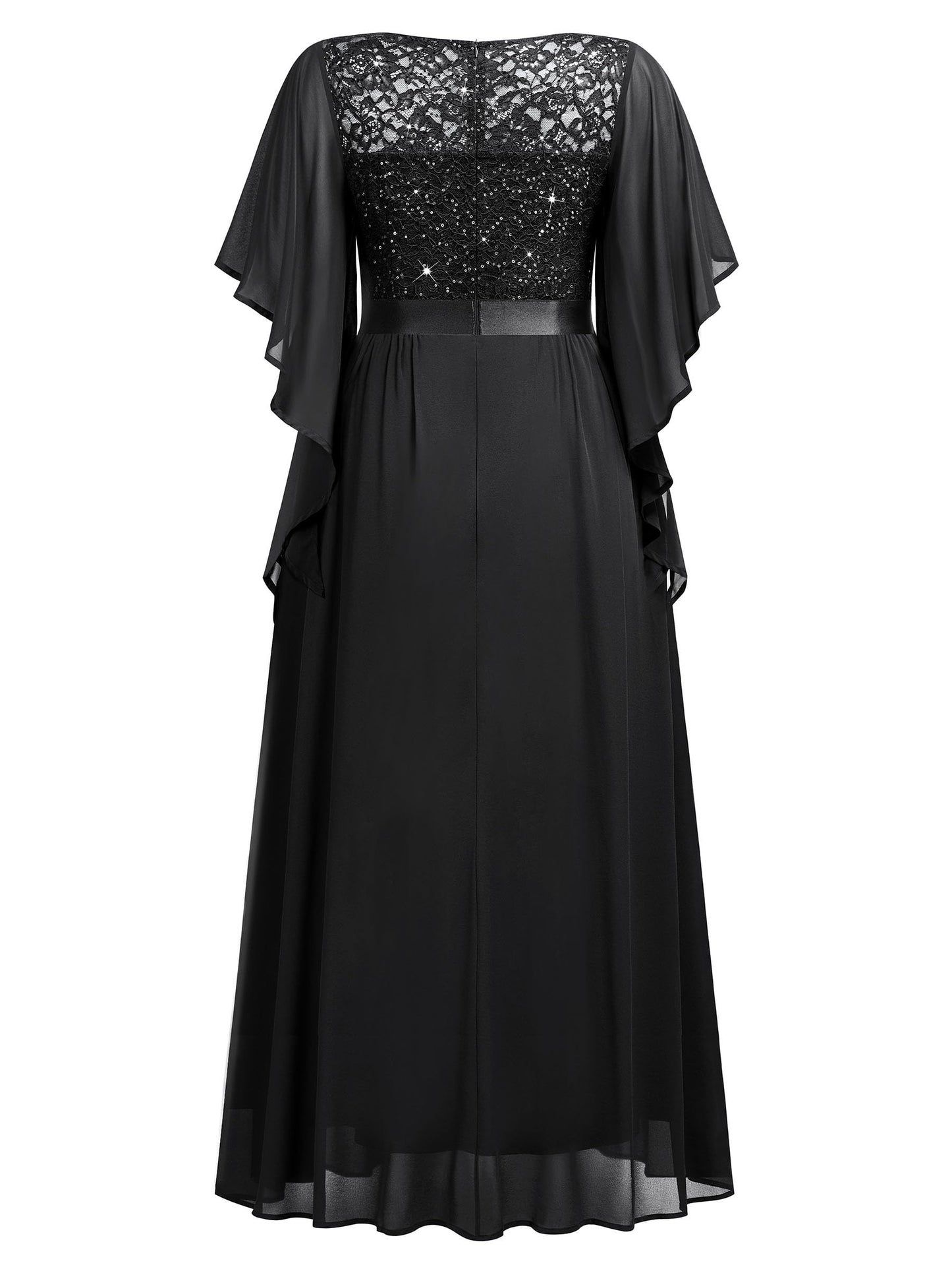 MISSMAY Women's Plus Size Elegant Butterfly Sleeve Chiffon Sequin Lace Bodice Evening Party Long Dress