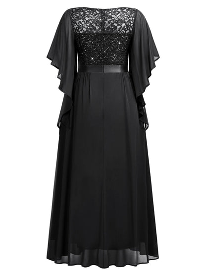 MISSMAY Women's Plus Size Elegant Butterfly Sleeve Chiffon Sequin Lace Bodice Evening Party Long Dress
