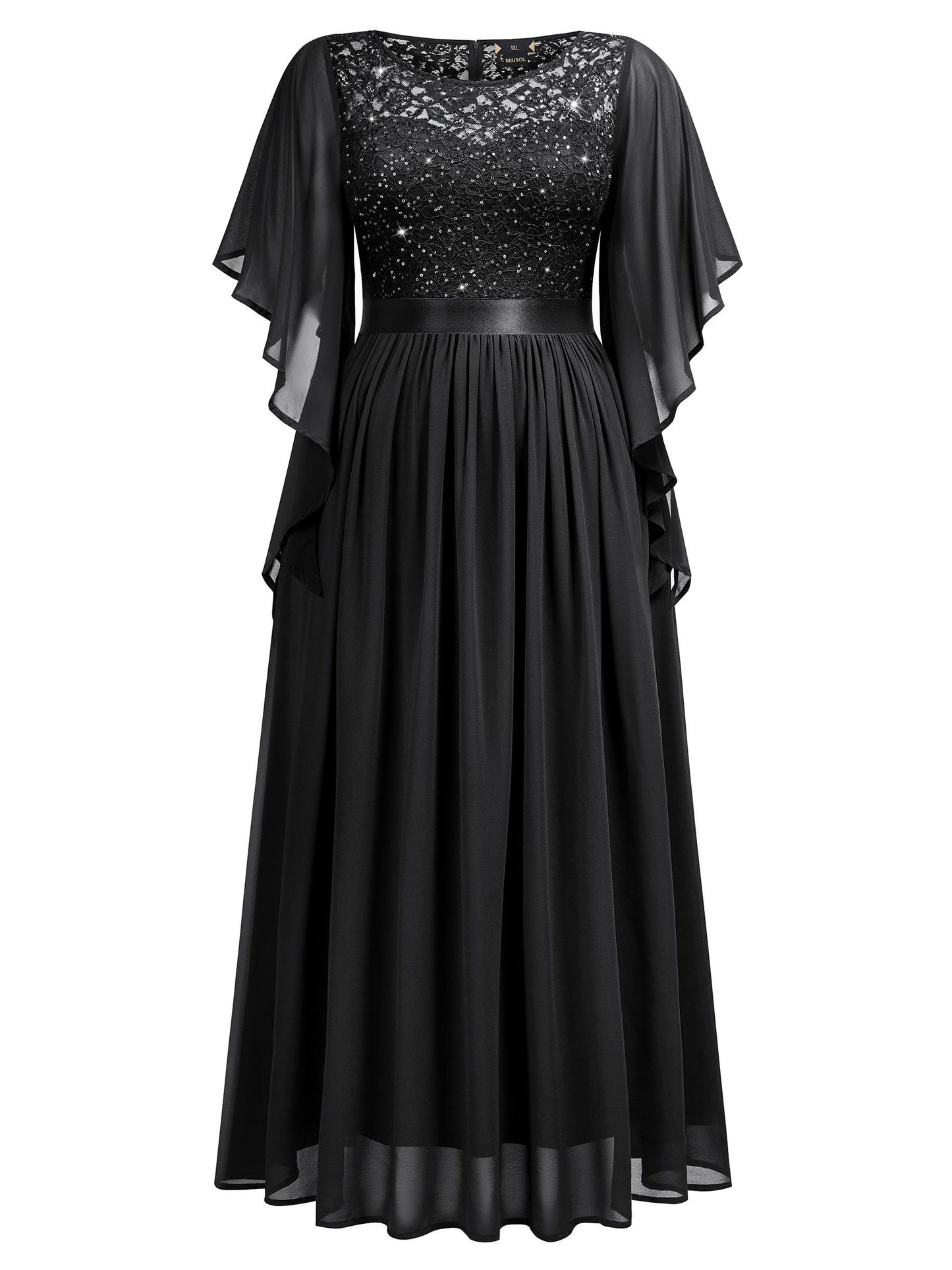 MISSMAY Women's Plus Size Elegant Butterfly Sleeve Chiffon Sequin Lace Bodice Evening Party Long Dress