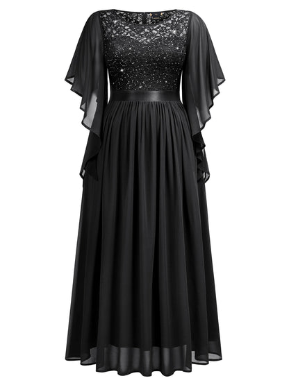 MISSMAY Women's Plus Size Elegant Butterfly Sleeve Chiffon Sequin Lace Bodice Evening Party Long Dress