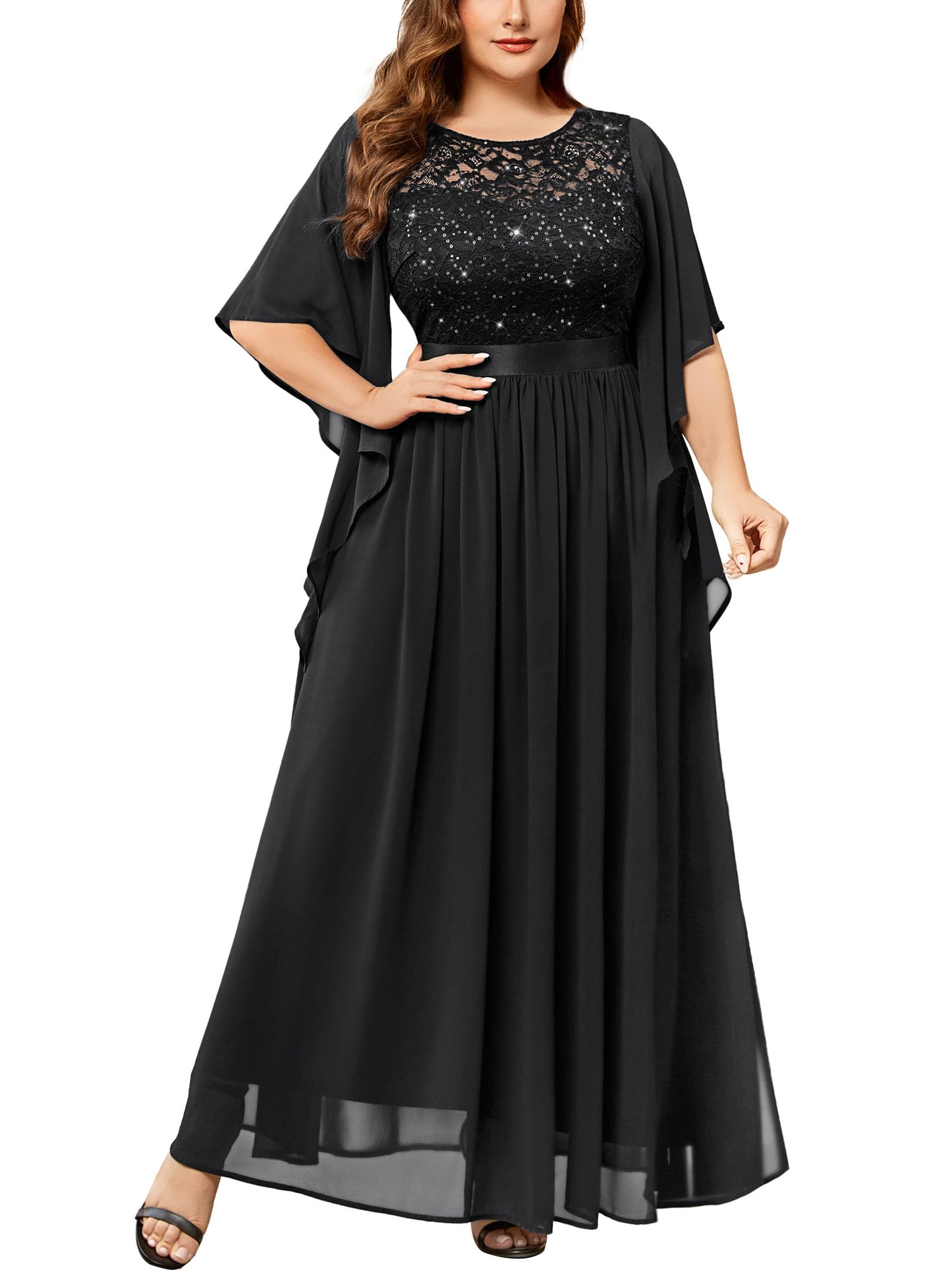 MISSMAY Women's Plus Size Elegant Butterfly Sleeve Chiffon Sequin Lace Bodice Evening Party Long Dress