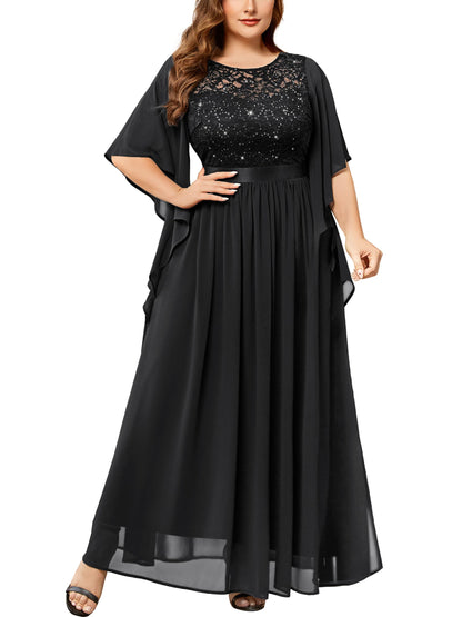 MISSMAY Women's Plus Size Elegant Butterfly Sleeve Chiffon Sequin Lace Bodice Evening Party Long Dress