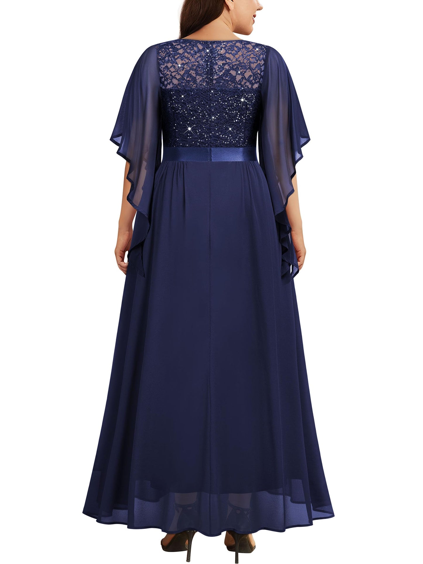 MISSMAY Women's Plus Size Elegant Butterfly Sleeve Chiffon Sequin Lace Bodice Evening Party Long Dress
